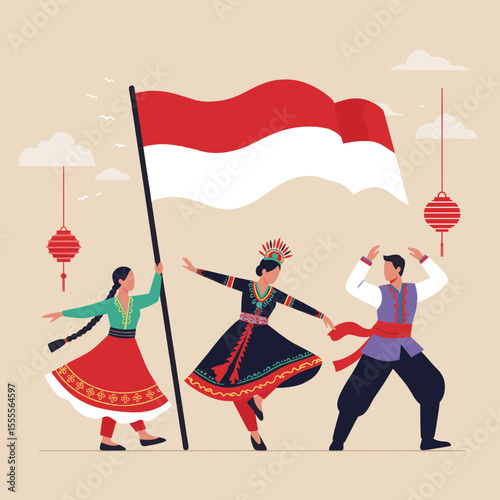 represents an industrial scene with workers and factories, with the Indonesian flag prominently displayed. The people are seen working together in harmony amidst a city skyline, signifying the industr