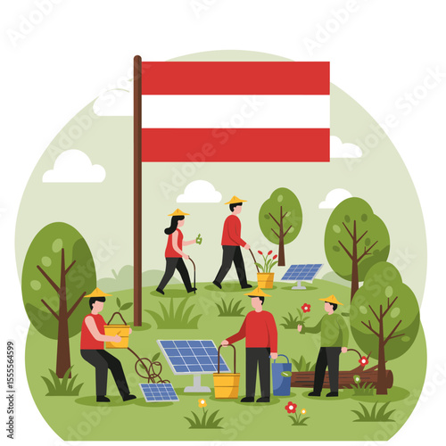 represents an industrial scene with workers and factories, with the Indonesian flag prominently displayed. The people are seen working together in harmony amidst a city skyline, signifying the industr