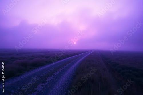 Purple road receding into a horizon under a clouded sky with a glowing orb
