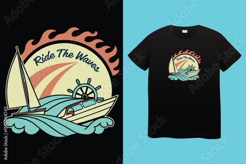 Grey tshirt design medieval ship sailing ocean waves