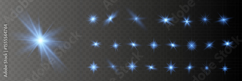 Glow isolated white transparent light effect set, lens flare, explosion, glitter, line, sun flash, spark and stars. Abstract special effect element design.