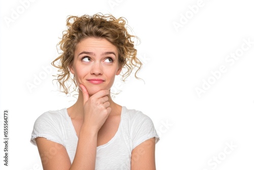 A woman with curly hair rests her chin on her hand while looking up and left