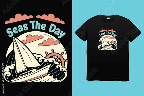 Grey tshirt design medieval ship sailing ocean waves