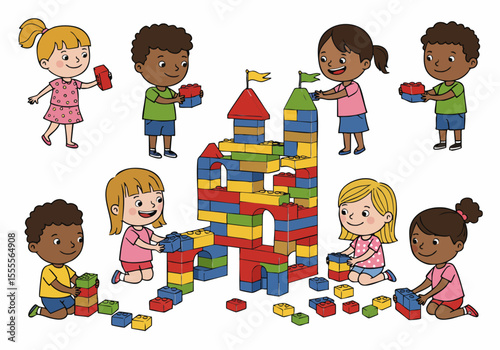 Diverse group of happy children playing and building a colorful toy block castle together, illustrating teamwork and creative childhood development.