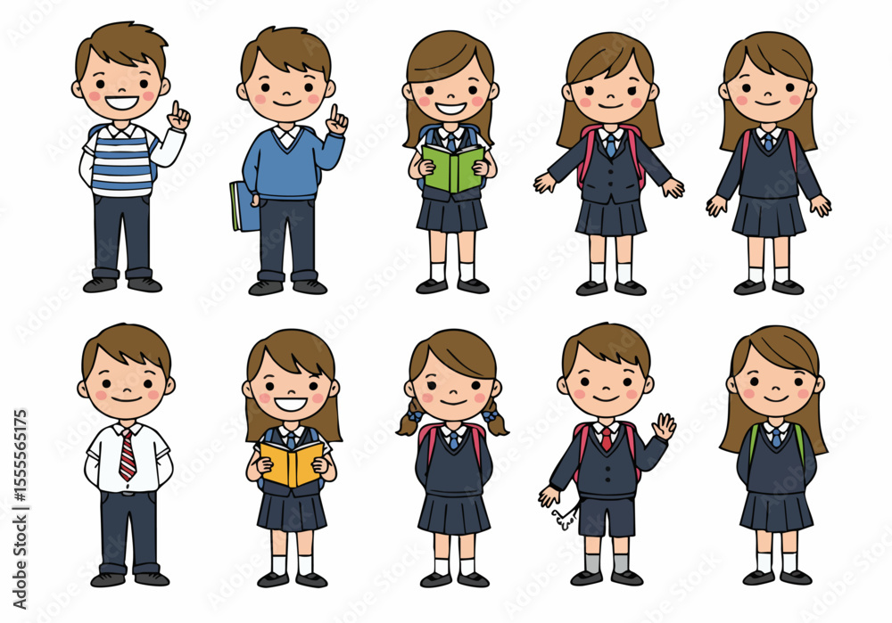 Collection of diverse cartoon school children illustrations in various uniforms and poses, depicting happy students ready for education and learning. Collection of diverse cartoon school children illustrations in various uniforms and poses, depicting happy students ready for education and learning.