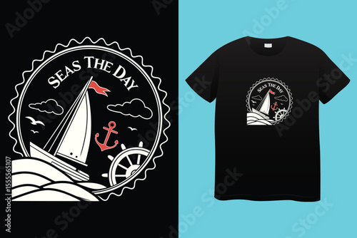 Grey tshirt design medieval ship sailing ocean waves