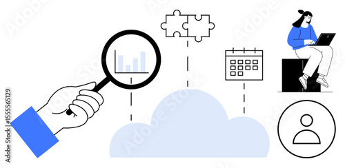 Hand holding magnifying glass over chart, cloud with puzzle pieces, calendar, worker using laptop, user icon. Ideal for data analysis, teamwork, planning, cloud storage organization research