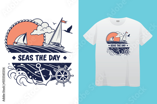 Grey tshirt design medieval ship sailing ocean waves