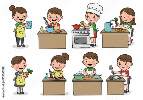 Cute cartoon illustration set of kids cooking and helping in the kitchen, showing children performing various food preparation and domestic activities.