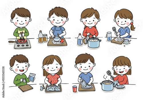 Cute cartoon illustration set of children learning to cook and helping with kitchen chores.