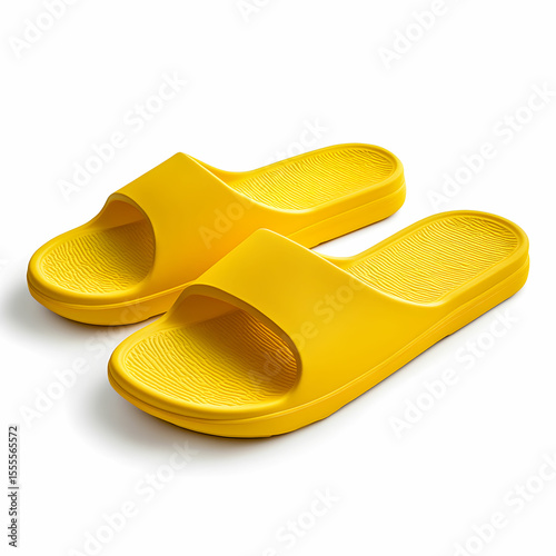A pair of bright yellow slippers with a simple design, isolated on a white background
