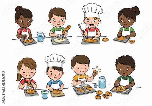 Happy group of diverse children learning and enjoying baking bread and rolls together in a classroom or kitchen, illustration.
