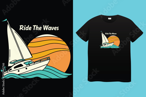 Grey tshirt design medieval ship sailing ocean waves