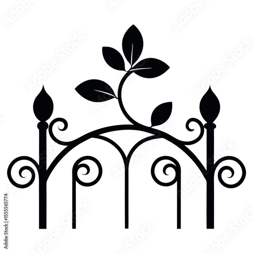 Ornamental cast iron fence with scrollwork and leaf motifs, delicate hand-forged curves, vintage black silhouette, white background, traditional metalwork (1).