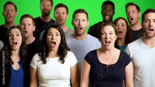 Group of diverse individuals singing together joyfully in front of a green screen backdrop