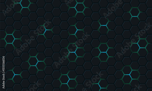 Dark hexagon abstract technology background with blue and green colored bright flashes under hexagon. Hexagonal gaming vector tech illustration black abstract background.