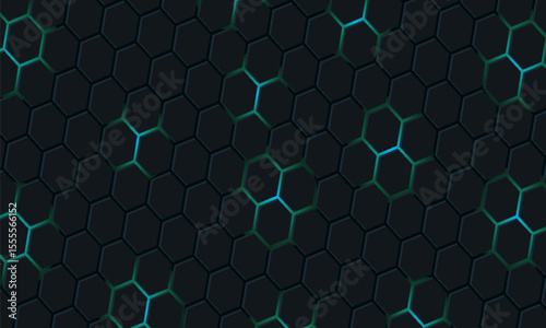 Dark hexagon abstract technology background with blue and green colored bright flashes under hexagon. Hexagonal gaming vector tech illustration black abstract background.