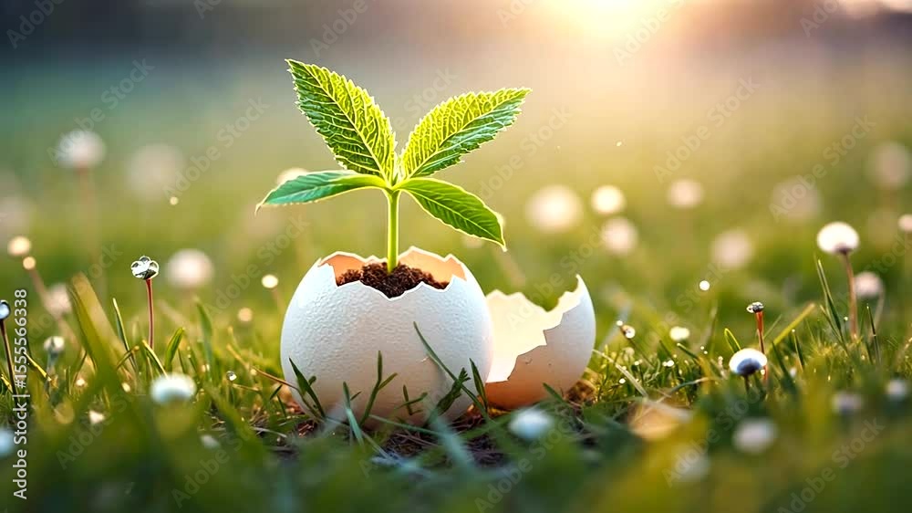 A sprouting plant emerging from an eggshell in a serene grassland during sunrise