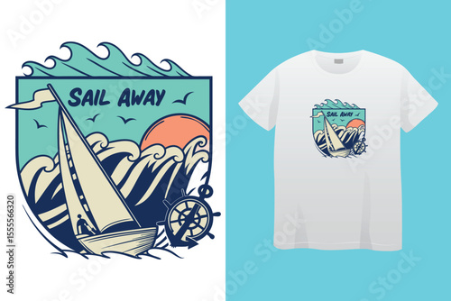 Grey tshirt design medieval ship sailing ocean waves