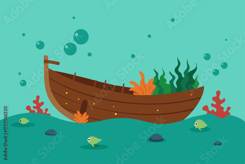 Cartoon fishing boat sailing on the vast ocean waves
