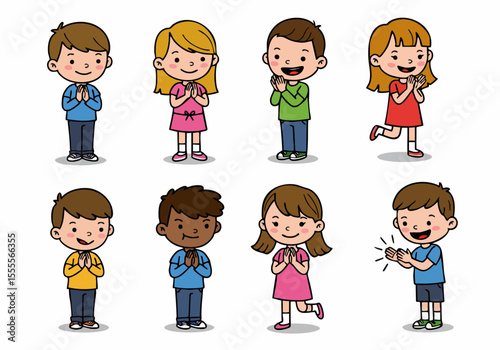 Cartoon illustration set of diverse children greeting, praying, and clapping with happy expressions on a white background.