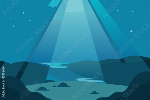 Deep blue ocean light illuminates an abstract underwater world map with schools of fish and marine nature