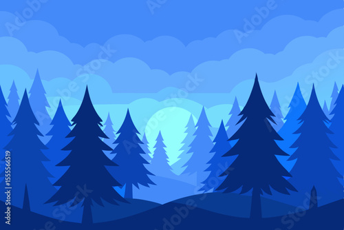 Vector illustration of a winter forest landscape with snow-covered trees, perfect for Christmas and holiday season designs