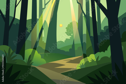 Green summer forest with bamboo trees and sunlit leaves, a natural jungle landscape illustrationGreen summer forest with bamboo trees and sunlit leaves, a natural jungle landscape illustration