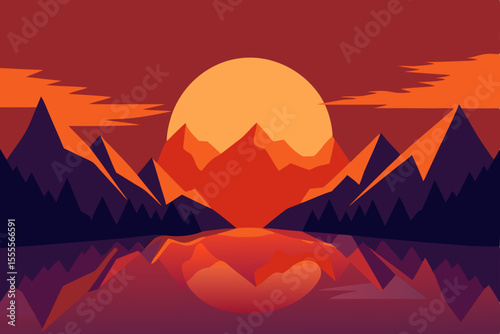 An illustration of a beautiful summer landscape with the sun rising or setting over mountains, casting orange hues across the sky, desert, and water, with silhouetted trees and hills
