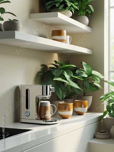 Modern Kitchen Aesthetic Featuring Coffee Machine and Plant Decor