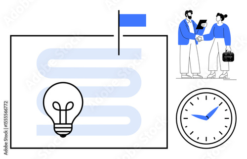 Lightbulb on project roadmap with a flag, clock symbolizing time, and two professionals shaking hands. Ideal for teamwork, goal setting, idea generation, productivity, planning, time management