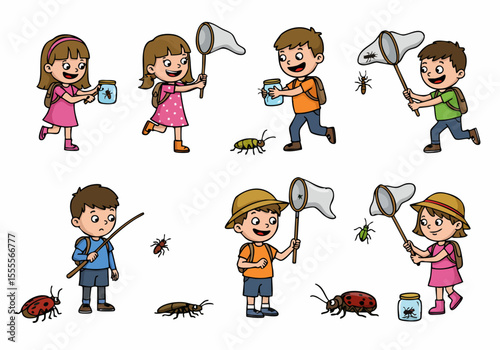 Cartoon children catching and collecting insects in nature with nets and jars, exploring bugs for science and education in outdoor summer activity.