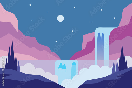 Moonlit winter night city landscape with a festive house and snow-covered trees