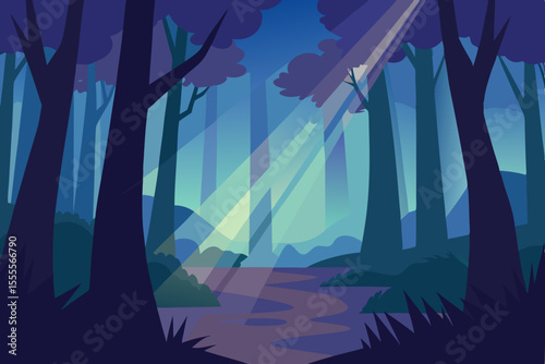Halloween night forest landscape vector illustration with a scary tree, moon, bats, and cemetery silhouette
