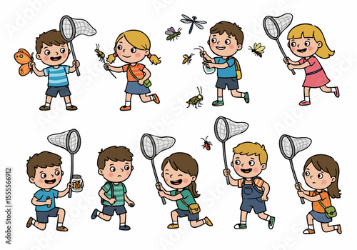 Happy children catching insects with nets outdoors during summer vacation or an educational field trip.