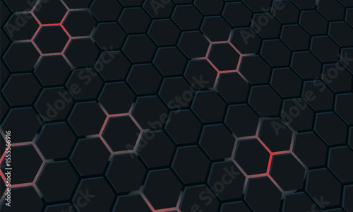 Dark hexagon abstract technology background with bright flashes of red and white under the hexagon. Black abstract background for hexagon game.vector illustration.