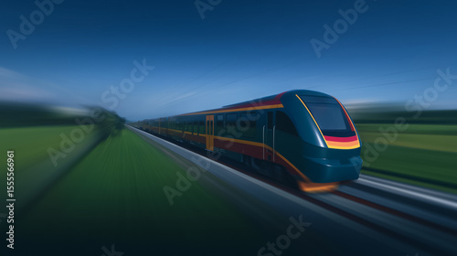 High-Speed Railway: A sleek, high-speed train streaks across the open landscape, symbolizing progress and modern transport, with blurred motion conveying dynamic speed.
