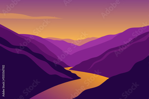 Beautiful mountain landscape at sunrise or sunset, with a misty sky, clouds, and a stunning view of nature's horizon