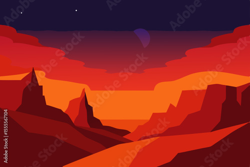 Golden light bathes the rugged mountain peaks and vast sky as the sun sets, casting long silhouettes across the evening landscape