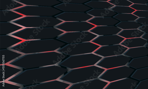 Dark hexagon abstract technology background with bright flashes of red and white under the hexagon. Black abstract background for hexagon game.vector illustration.modern.