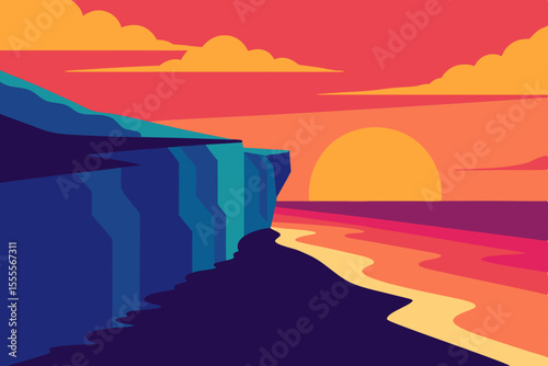 Beautiful orange and red sunset landscapes over mountains, sea, and river