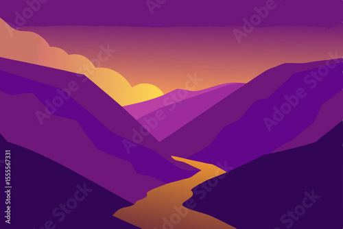 Sunset illuminates the misty mountain landscape, casting silhouettes against the vibrant sky