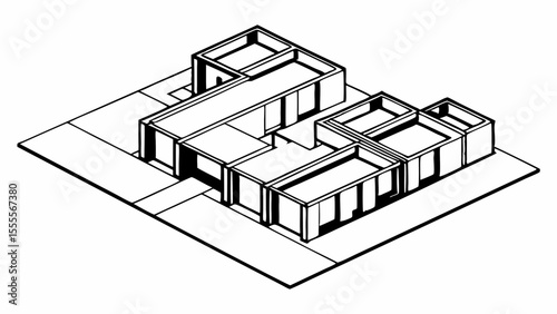 Isometric view of a complex architectural structure with multiple rectangular shapes and a flat base plane created with generated ai