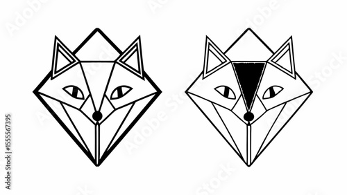 Two geometric fox heads in black and white with one head partially filled in black color art created with generated ai