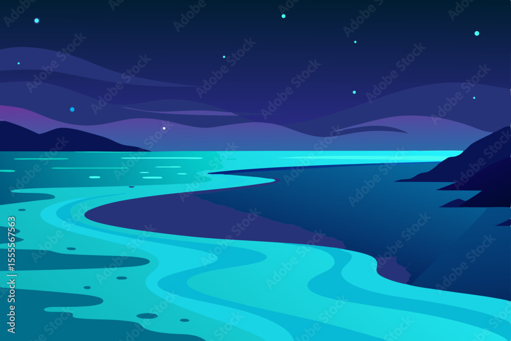 Fototapeta premium Serene Nightscape A River's Luminous Flow Under Starlit Sky
