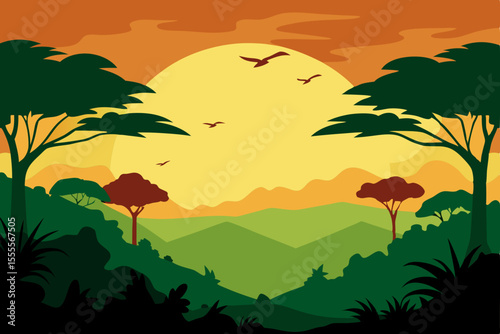 Tropical beach island landscape vector illustration with palm trees and sun setting over the ocean