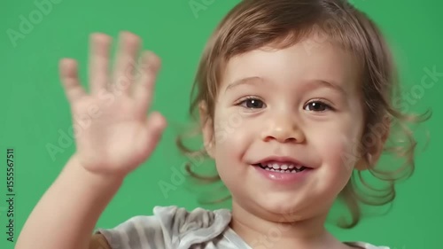 Happy toddler waving with a joyful expression against a vibrant green background, capturing innocence