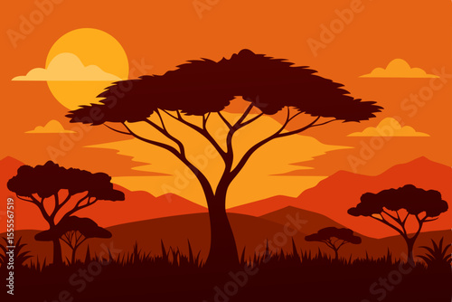 African Savanna Sunset Silhouette Landscape Illustration
