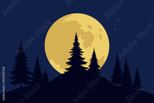 Serene Night Majestic Moon Over Silhouetted Pine Trees
