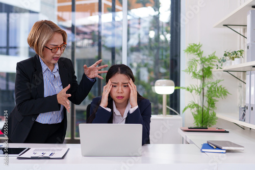 Fotografija Stressful Office Conflict Asian Women with Older Manager Frustration at Work Dea